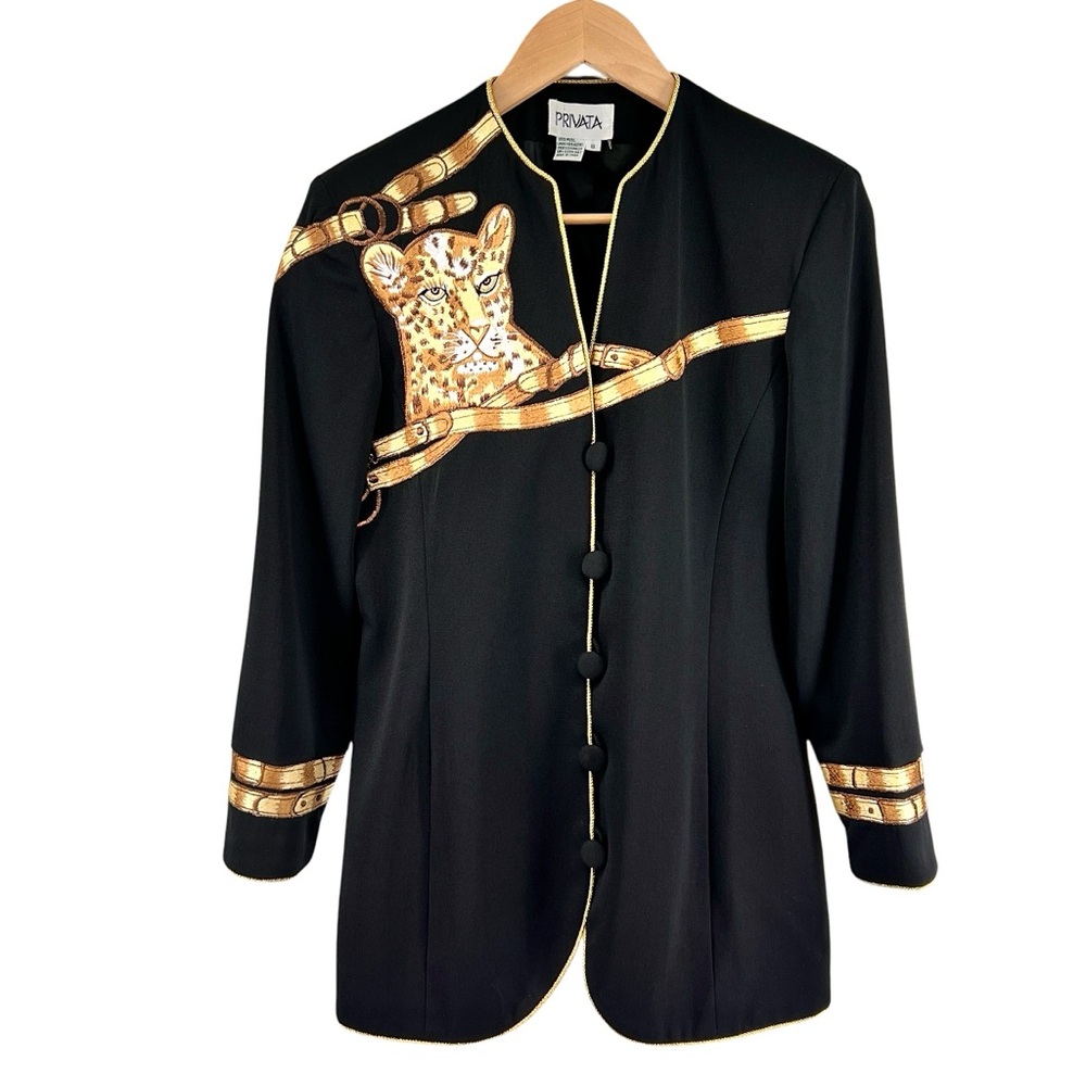 Vintage Privata Leopard Embroidered Blazer Jacket Sz 8 100% Wool Gold Accents